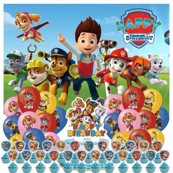 46 Pcs For Paw Theme For Patrol Cartoon Party Supplies Set,Includes 5*3ft Birthday Backdrop,Cake Topper,24 Cupcake Toppers,and 20 Balloons for Birthday Party Decoration Set