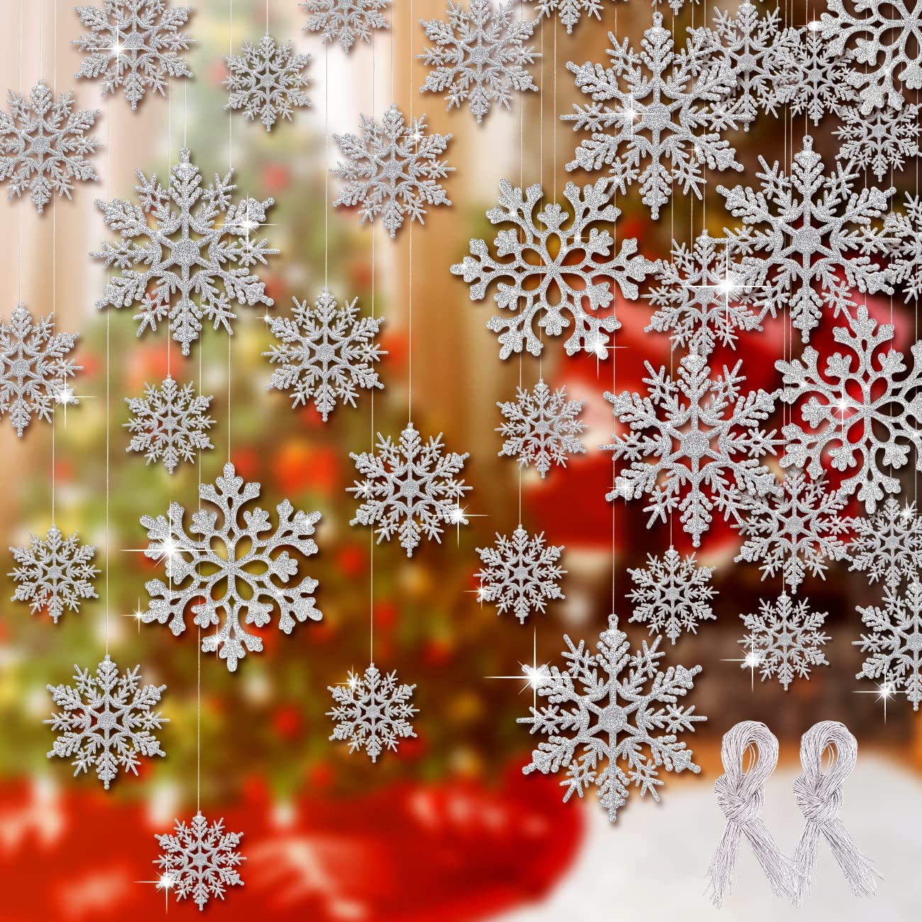 46 Pcs Silver Glitter Snowflake Ornaments Various Size Plastic