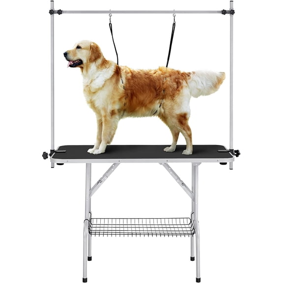 46'' Pet Grooming Table for Large Dogs Adjustable Height Portable Trimming Table Drying Table w/Arm/Noose/Mesh Tray Maximum Capacity Up to 265Lb, Black