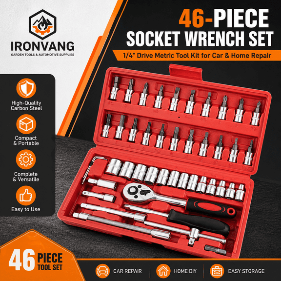 46-Piece 1/4 Inch Drive Socket and Ratchet Wrench Set, Metric Mechanic Tool Kit with Screwdriver Bits, Extension Bar and Storage Case for Car Repair, Home DIY and Maintenance