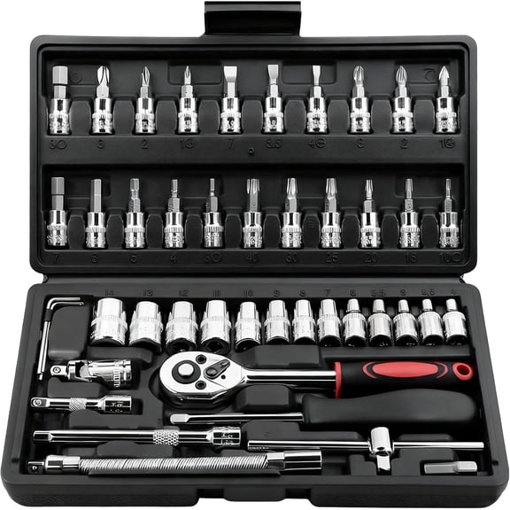 46-Piece 1/4" Metric Socket Wrench Set, Premium CR-V Ratchet and Bit Tool Kit with Quick-Release Ratchet, Extension Bars and Portable Storage Case for Auto Repair & Home Maintenance