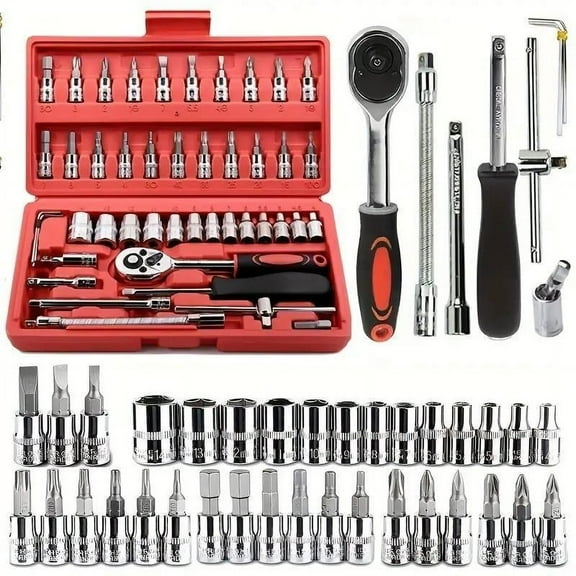 46-Piece 1/4-inch Screwdriver Drive Socket & Bit Set Combination with Reversible Ratchet Wrench Tools Kit for Auto Repairing & Household with Storage Case
