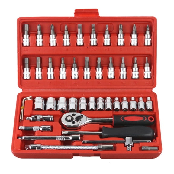 46-Piece Chrome Steel Socket Wrench Set with Ratchet, 1/4" Sockets, Bits, Hex Wrenches & Extension Rods for Auto & Home Repair Household Automobile