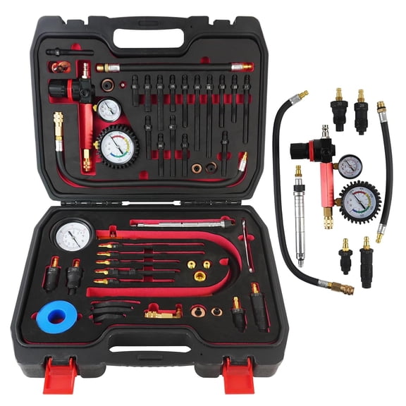 46-Piece Engine Compression Testers, Petrol & Diesel Cylinder Leak Down Tester Kit, Compression and Leakage Test Kit, Dual Gauge Engine Compression Tester Kit for HDI, TDCi, Pumpe Duse Engine