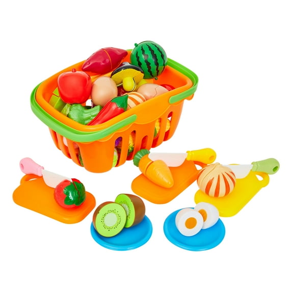 Hey Play 46-Piece Play Food Set with Food Toys, Grocery Basket, and More