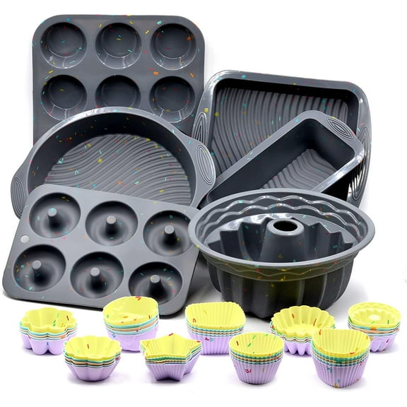 46-Piece Silicone Bakeware Set Including Baking Pans, Cake Molds, Toast Molds, Muffin Pan, Donut Pan, and Cupcake Liners