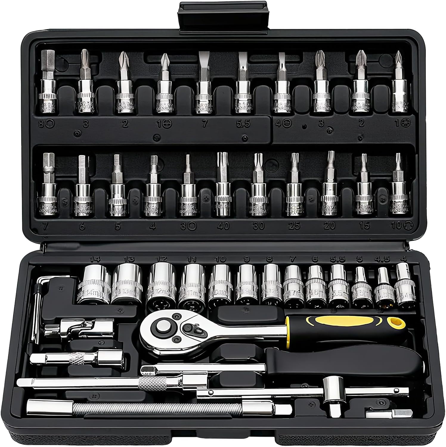 46-Piece Socket Wrench Set, Premium 1/4 inch Metric Socket Set, Ratchet Set with Quick-Release Ratchet and Extension Bar, Compact Storage Case - Perfect for Aut