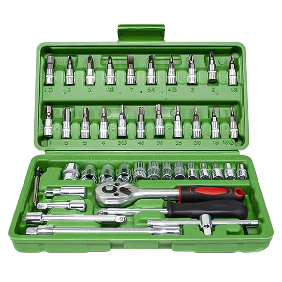 46 Piece Tool Set, Tool Kit, Mechanics Tool Set, Portable Toolbox with Adjustable Wrench Pliers Socket Bits, with Plastic Toolbox Storage Case, for House Apartment Garage