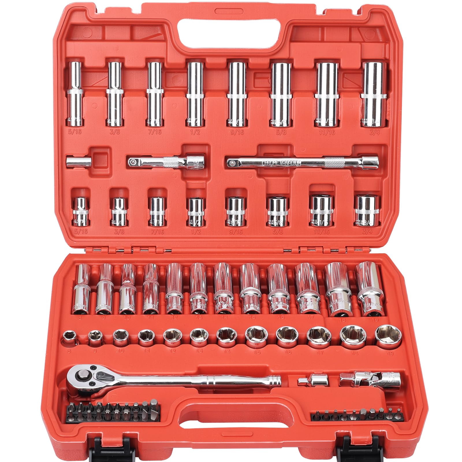 46 Pieces 1/4 inch Drive Socket Ratchet Wrench Set, with Bit Socket Set ...