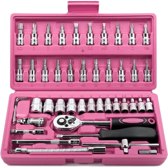 Egofine 46 Pieces 1/4 inch Drive Socket Ratchet Wrench Set, with Bit Socket Set Metric and Extension Bar for Auto Repairing and Household, with Storage Case