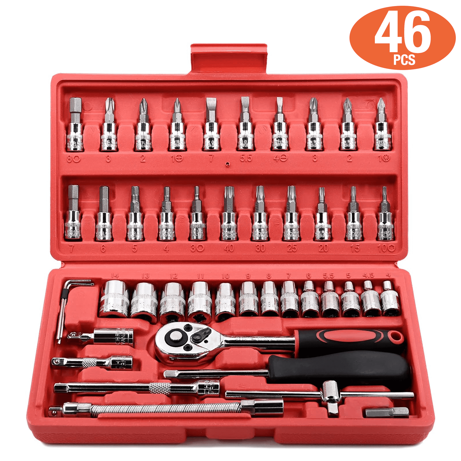 46 Pieces 1/4-Inch Drive Industrial Grade Socket Ratchet Wrench Set, Bit Socket Set Metric and Extension Bar, Compact Sockets Set for Car Repair and Household Use, Mechanic Tool Kit with Storage Case