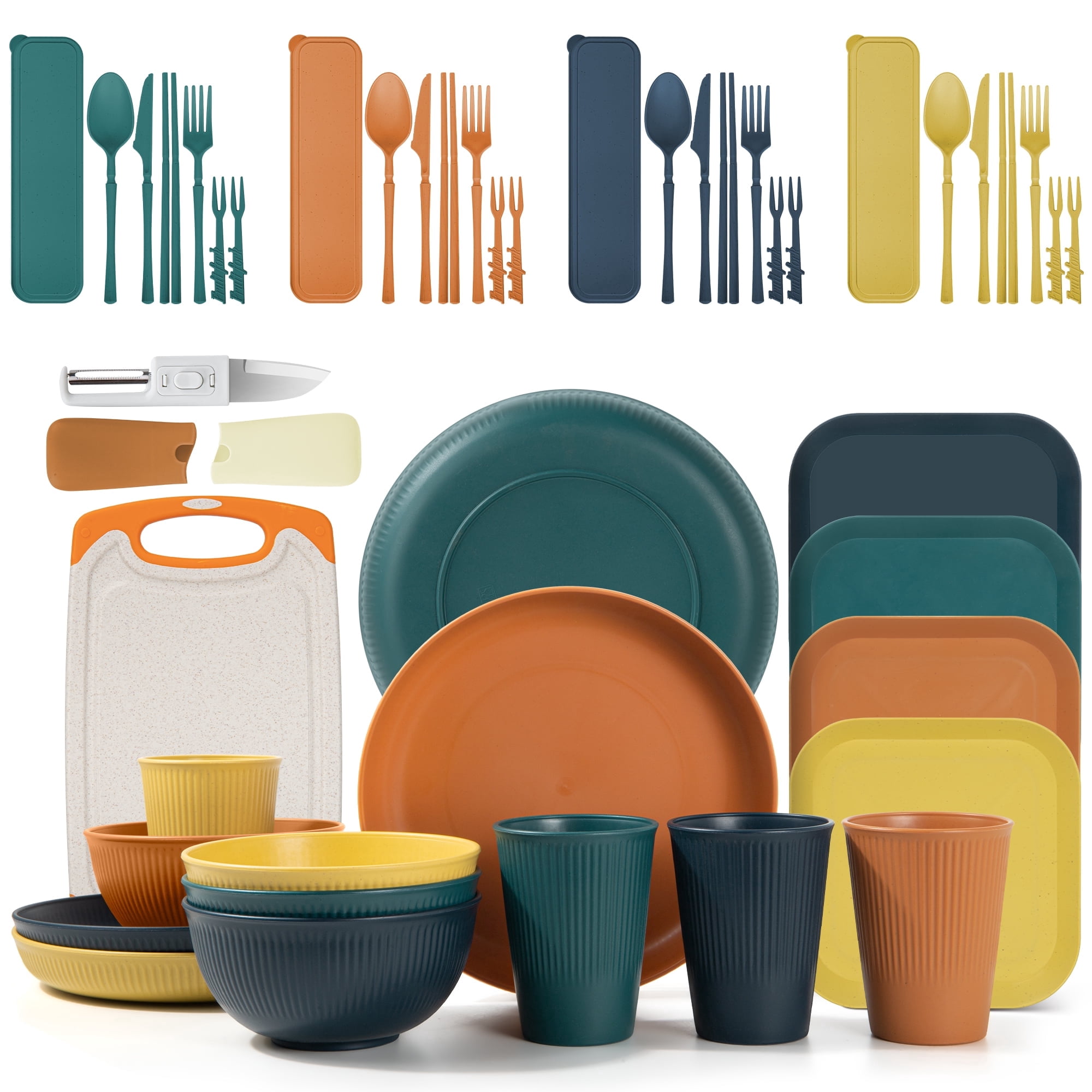 GPED Wheat Straw Dinnerware Set, Service for 4 with Cutting Board