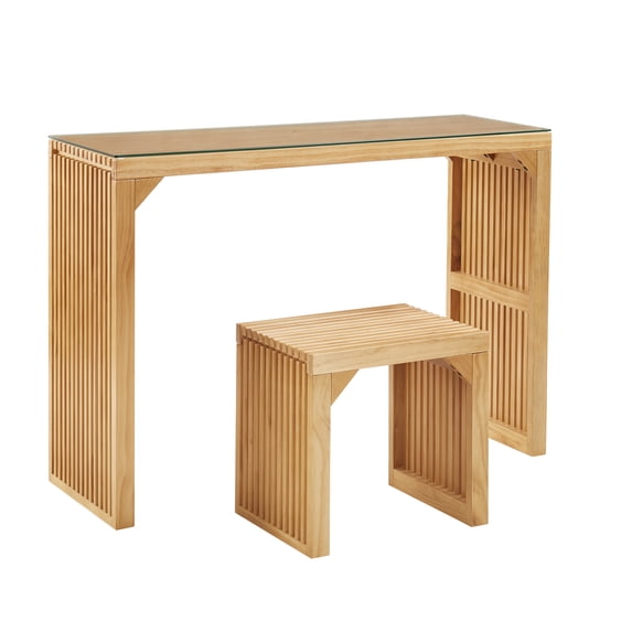 46'' Pine Dining Bench and Table, Indoor Wood Bench for Entryway,Living Room,Kitchen and Bedroom Table and Bench Set (Nature, Bench & Table) Small Tempered glass included