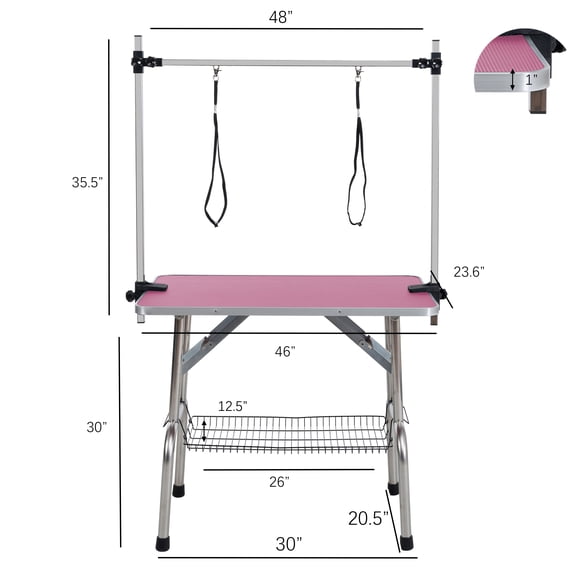 46 Pink Dog Pet Grooming Table with Stainless Steel Frame Foldable & Adjustable Arm