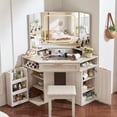 thumbnail image 1 of 46" Rattan Makeup Vanity Desk with Lighted Mirror, Drawers and Stool, Modern Corner Vanity with Glass Top and Charging Station, Grey, 1 of 8