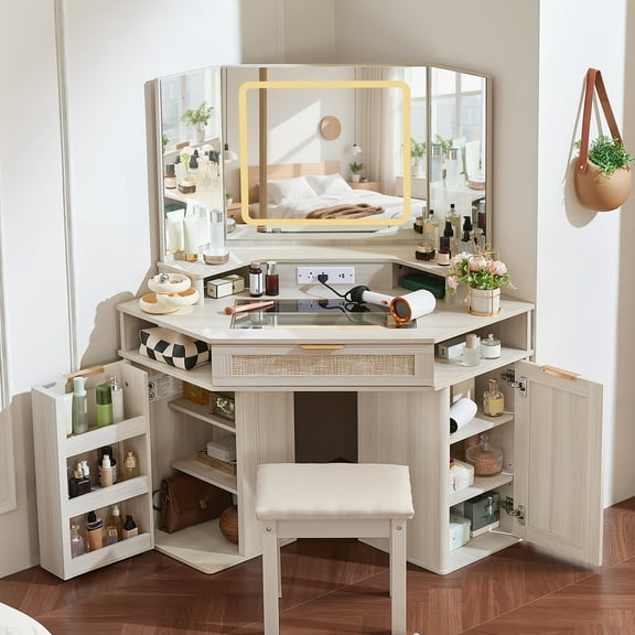 46" Rattan Makeup Vanity Desk with Lighted Mirror, Drawers and Stool, Modern Corner Vanity with Glass Top and Charging Station, Grey