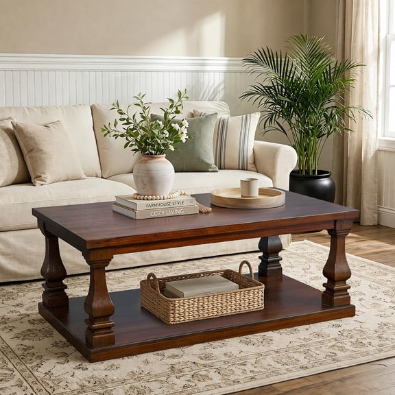 46" Rustic Farmhouse Coffee Table with Storage Shelf, Square Wooden Living Room Center Table, Thick Wood Top & Solid Wood Legs, Walnut