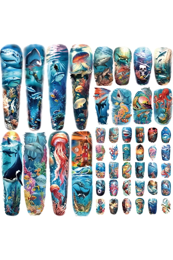 46 Sheets Temporary Tattoo for Men Women, 8 Full Arm Shark Dolphin Fake Tattoos, 8 Half Arm Ocean Jellyfish Turtle Fish Tattoos, 30 Tiny for Adults Kids Body Tattoos Stickers Waterproof Realistic
