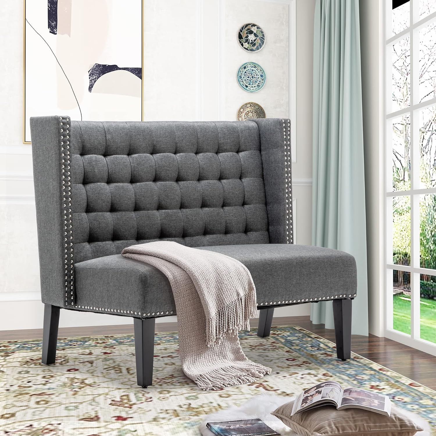 46" Small Modern Loveseat Settee Sofa 2-Seat Sofa Couch Tufted Love Seat Dining Bench with Nail ...