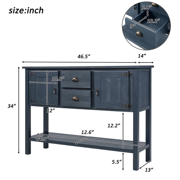 46'' Solid Wood Sideboard Console Table with 2 Drawers and Cabinets and Bottom Shelf, Retro Style Storage Dining Buffet Server Cabinet for Living Room Kitchen Dining Room(Navy Blue)