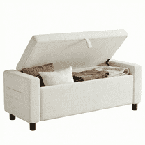46" Storage Ottoman Bench, 3.14" Thicker Upholstered End of Bed Bench with Folding Cover, Side Pocket, 400lb Capacity, for Living Room, Bedroom, Beige