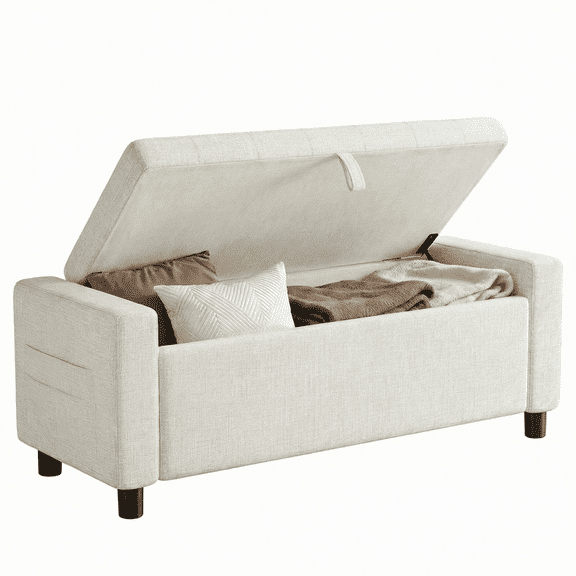 46" Storage Ottoman Bench, 3.14" Thicker Upholstered End of Bed Bench with Folding Cover, Side Pocket, 400lb Capacity, for Living Room, Bedroom, Beige