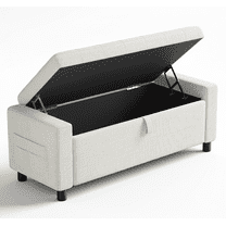 46" Storage Ottoman Bench, 3.14" Thicker Upholstered End of Bed Bench with Folding Cover, Side Pocket, 400lb Capacity, for Living Room, Bedroom, Beige
