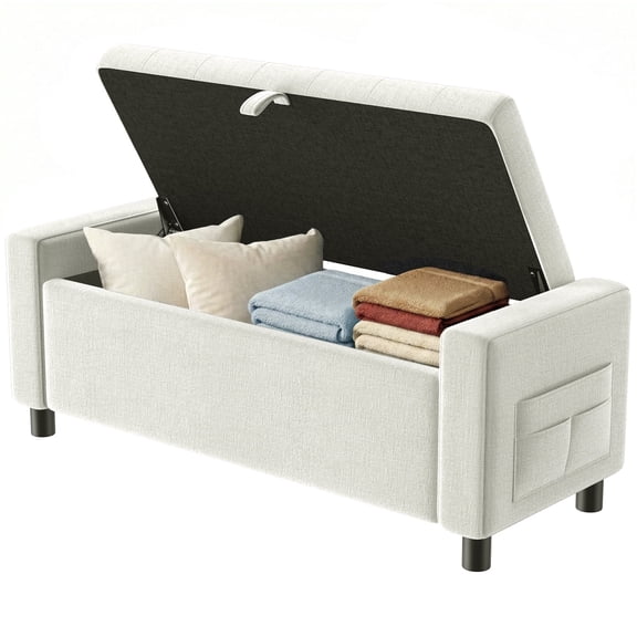46" Storage Ottoman Bench with Hidden Compartment & Side Pocket,400 lbs Capacity,Safety Hinge,Multi-Functional End of Bed/Entryway Storage,Beige