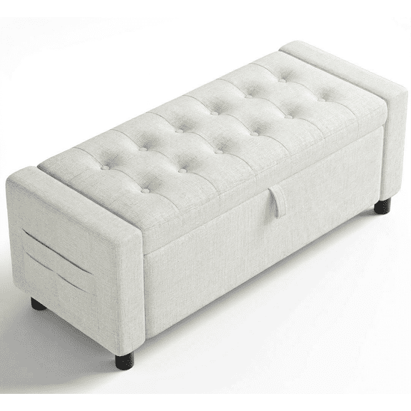 46" Storage Ottoman Bench with Hidden Compartment & Side Pocket,400 lbs Capacity,Safety Hinge,Multi-Functional End of Bed/Entryway Storage,Beige