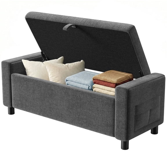 46" Storage Ottoman Bench with Hidden Compartment & Side Pocket,400 lbs Capacity,Safety Hinge,Multi-Functional End of Bed/Entryway Storage,Gray