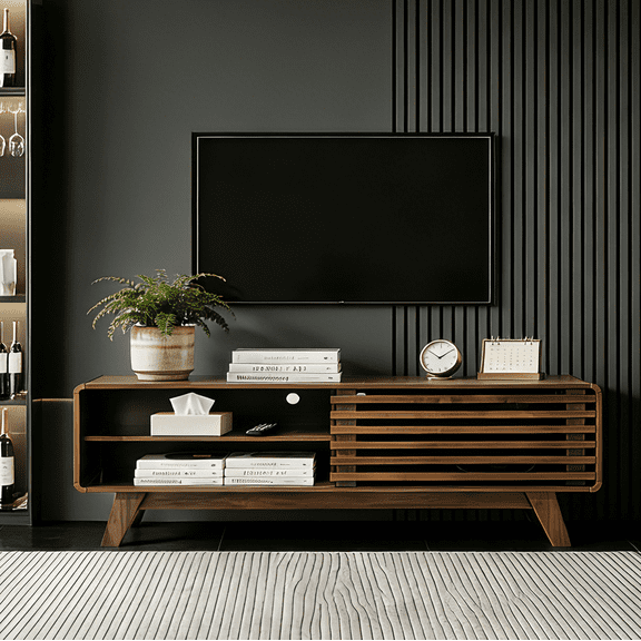 46" TV Stand with Storage and Slatted Sliding Doors - Mid Century Modern Farmhouse Entertainment Center for Living Room, Walnut Finish