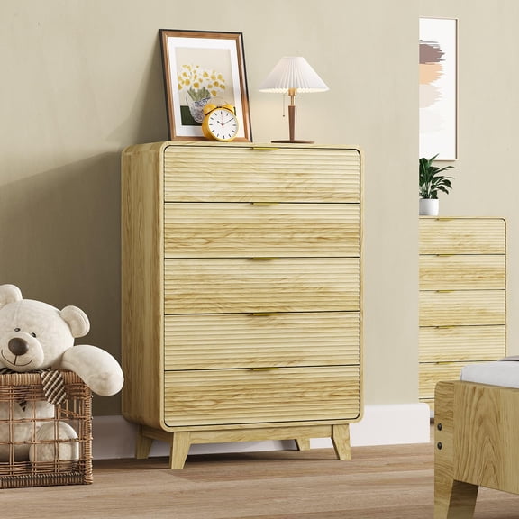 46" Tall 5 Drawer Fluted Dresser – Storage Cabinet with Golden Metal Handles, Curved Profile, Sturdy Feet, Spacious Bedroom Chest for Living Room, Entryway, Accent Sideboard, Coffee Bar, Light Oak