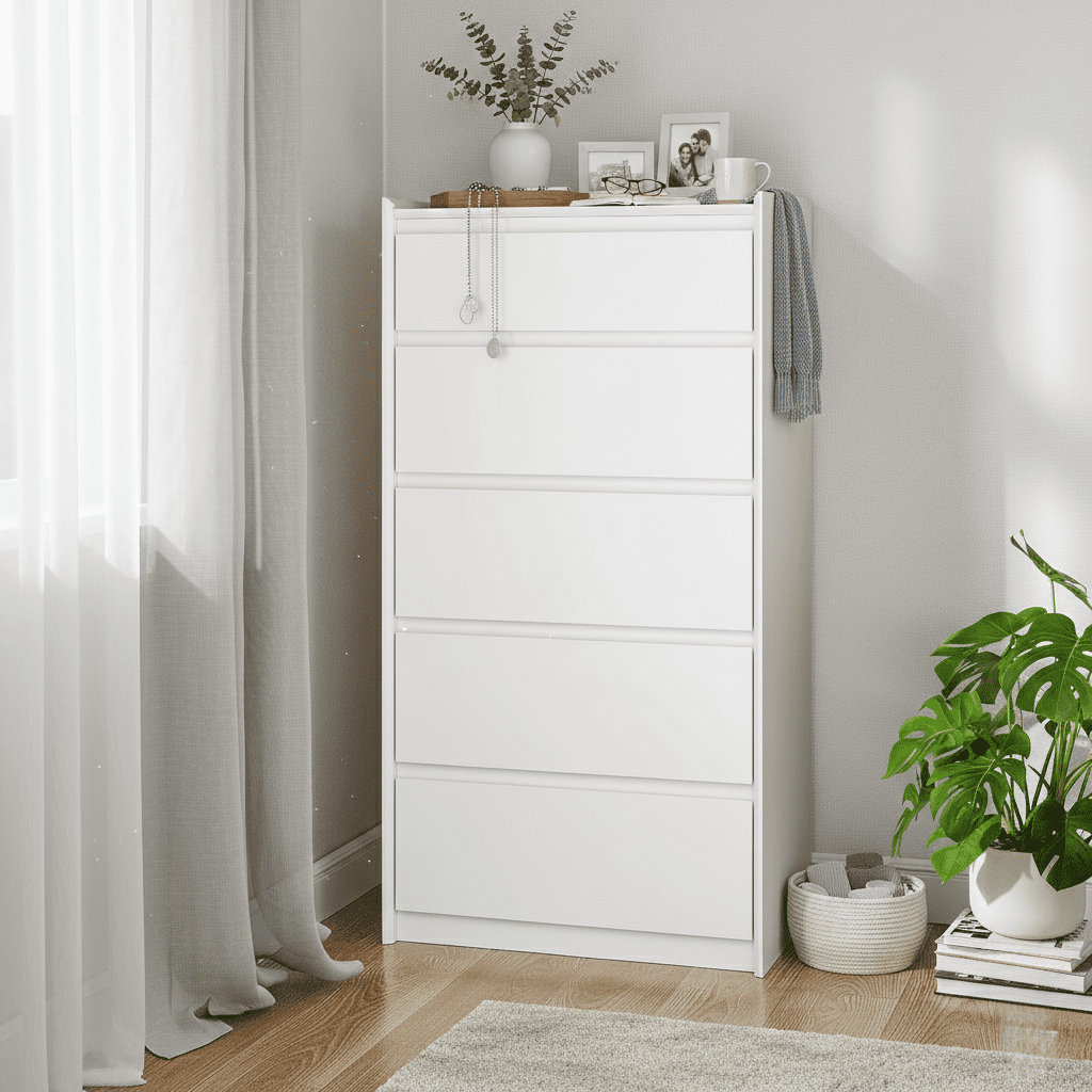 46″ Tall 5-Drawer White Dresser, Modern Slim Chest for Apartment Closet, Bedroom or Hallway