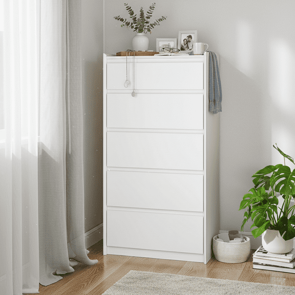 46 Tall 5-Drawer White Dresser, Modern Slim Chest for Apartment Closet, Bedroom or Hallway