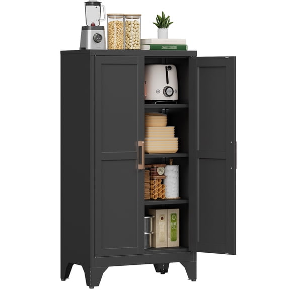 46" Tall Kitchen Storage Cabinet, Metal Pantry Cabinet with 3 Adjustable Shelves, 4-Tier Freestanding Cabinet with Magnetic Doors, Anti-Tip Design, Black
