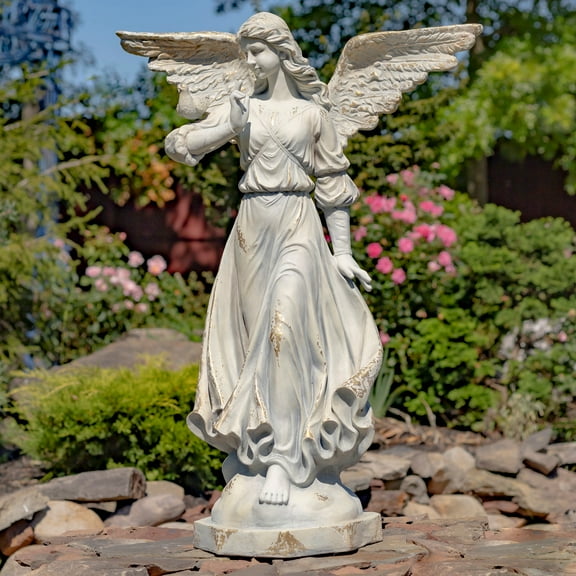 46" Tall Magnesium Angel Statue with Billowing Dress and Bird Perched on Shoulder in Antique Grey "Maria"