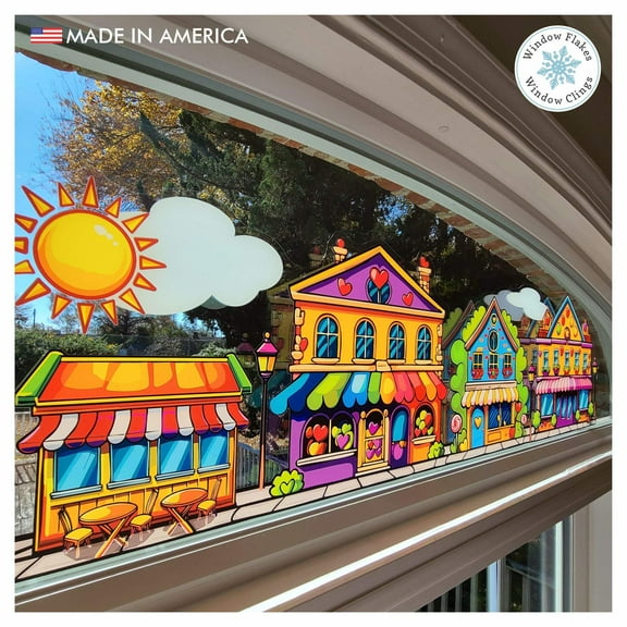 46" Valentine Street Scene Border Window Cling Decal. Part of the Rainbow Colors Candyland Bubblegum Collection. Made in America.