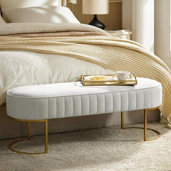 46" Velvet Bench, Upholstered Entryway Bench End of Bed with Gold Legs, Bed Ottoman Bench for Bedroom Living Room Footrest Stools, Ivory