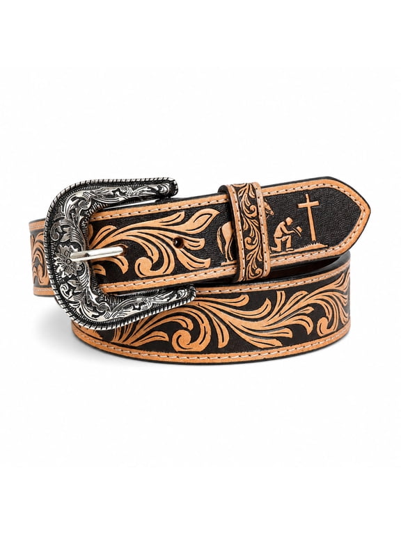 46" Western 1-1/2" Antique Floral Filigree Leather Belt � Hand-Tooled Design with Pebbled Turquoise Inlay | Cowboy Rodeo Belt | 26FK107