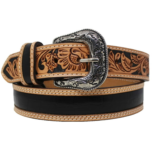 46  Western 1-1/2" Floral Tooled Gator Inlay Full-Grain Tan Leather Belt 26RS11
