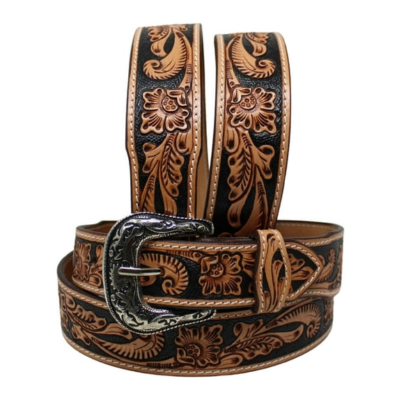 46 Western 1-3/4" Tapered Wide Floral Tooled Black Inlay Full-Grain Leather Belt 26RS03T
