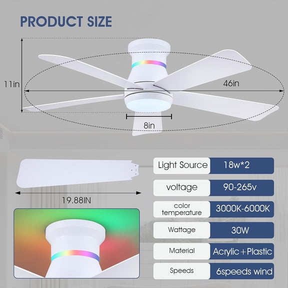 46" White Ceiling Fans with RGB Lights - Flush Mount Ceiling Fan Light with LED 3CCT Dimmable, Modern Low Profile Ceiling Fans for Indoor Party,Covered Outdoor$$Tools & Hardware Other