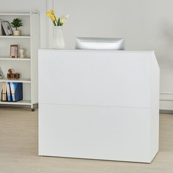 46" White Reception Desk, Rectangular Office Front Counter for Lobby & Retail Checkout