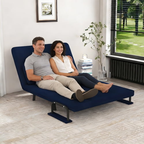 46" Wide Folding Sofa Bed 5-in-1 Convertible Chair for Two with 5 Position Adjustable Backrest and Pillow Space Saving Sleeper for Living Room, Blue