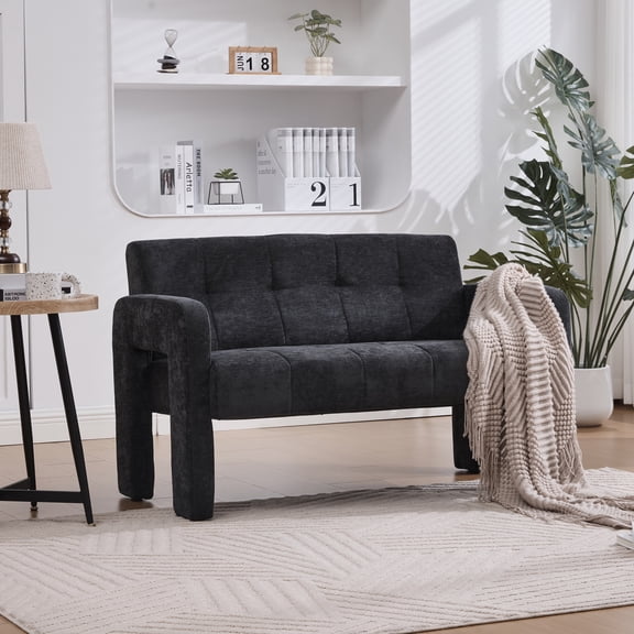 46" Wide Modern Armchair with Ergonomic Design, Loveseat Upholstered Sofa with Armrest, Chenille Leisure Sofa for Living Room Bedroom, Black