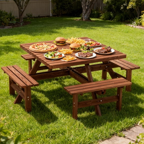 46" Wood Picnic Table w/Umbrella Hole for Outdoor, Rectangle Patio Dining Table and Bench Set, Heavy-Duty Picnic Beer Table Bench Set for Garden, Lawn & Backyard, Brown