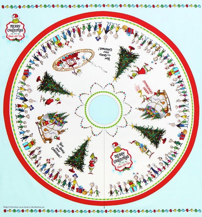 46" X 44" Panel How the Grinch Stole Christmas Tree Skirt White Cotton Fabric Panel (ADE-20277-223HOLIDAY)