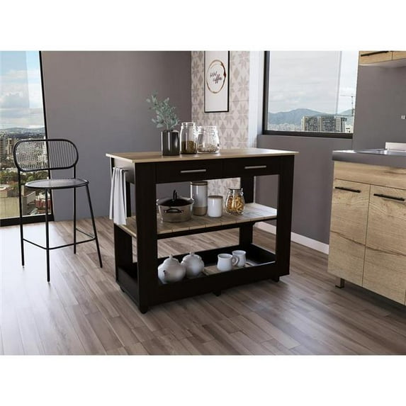 46 in. Delos Kitchen Island, White, Black & Light Oak