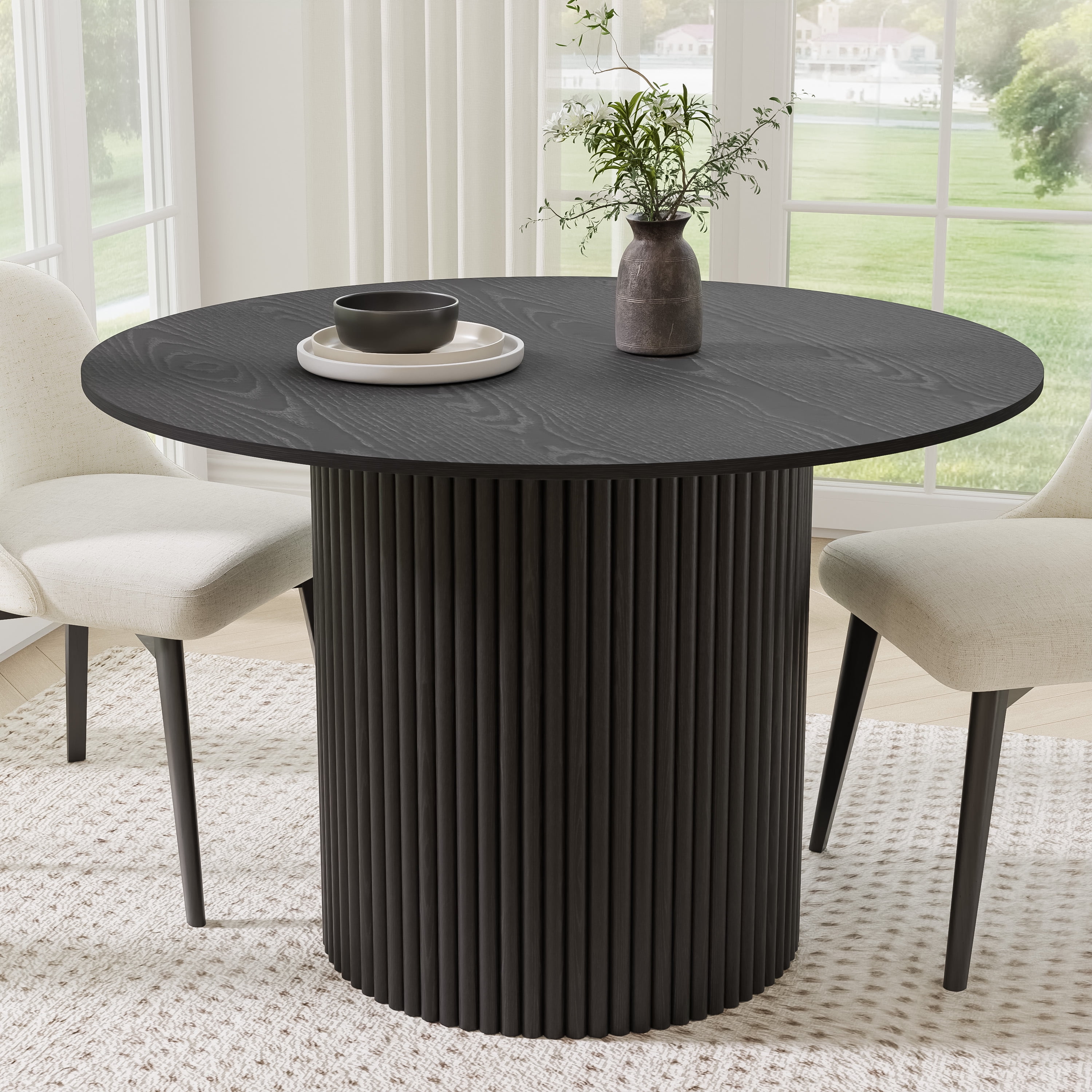 Dovelina 46 in. Soild Wood Black Dining Table Round Kitchen Table ...