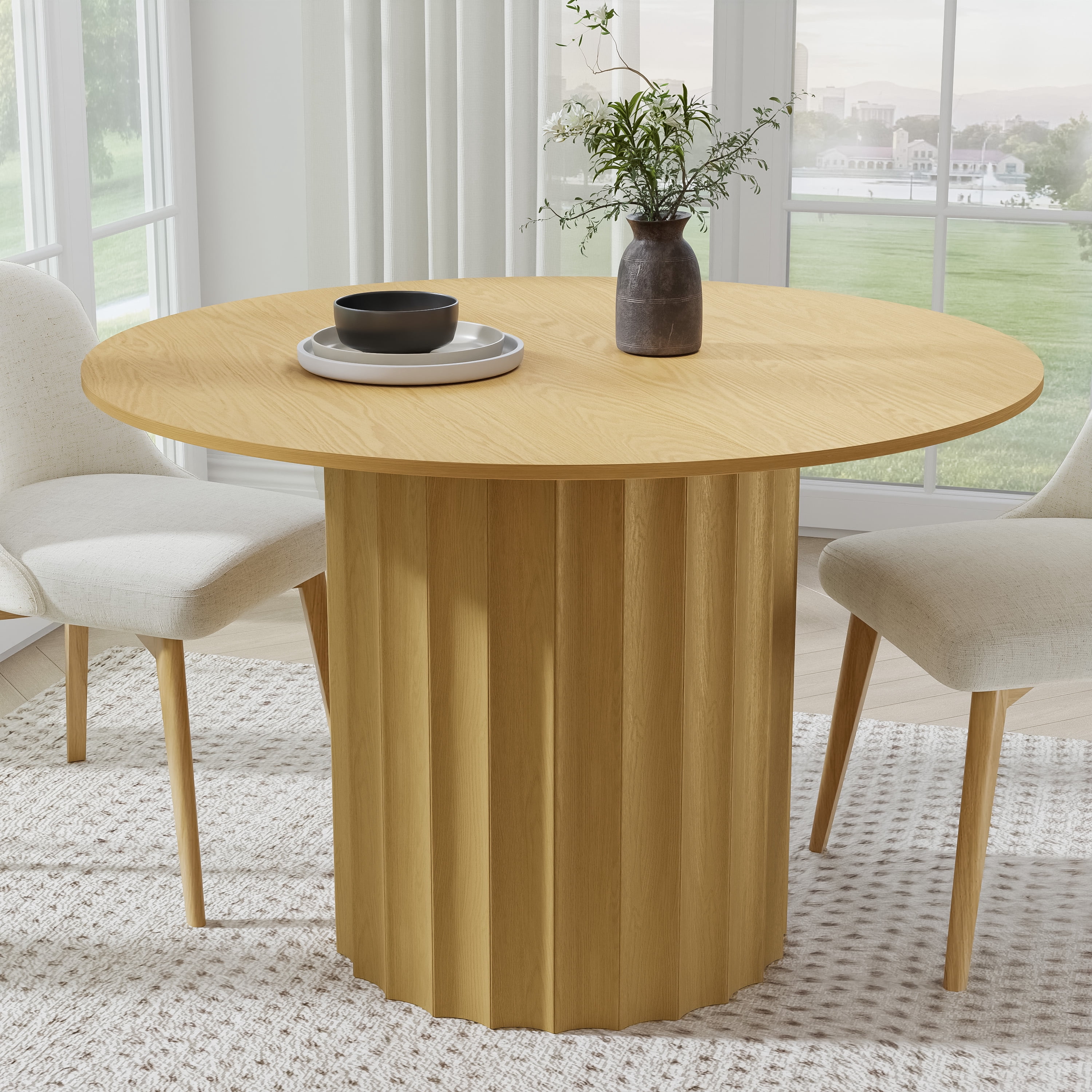 52 in. Soild Wood Natural Oak Dining Table Round Kitchen Table 